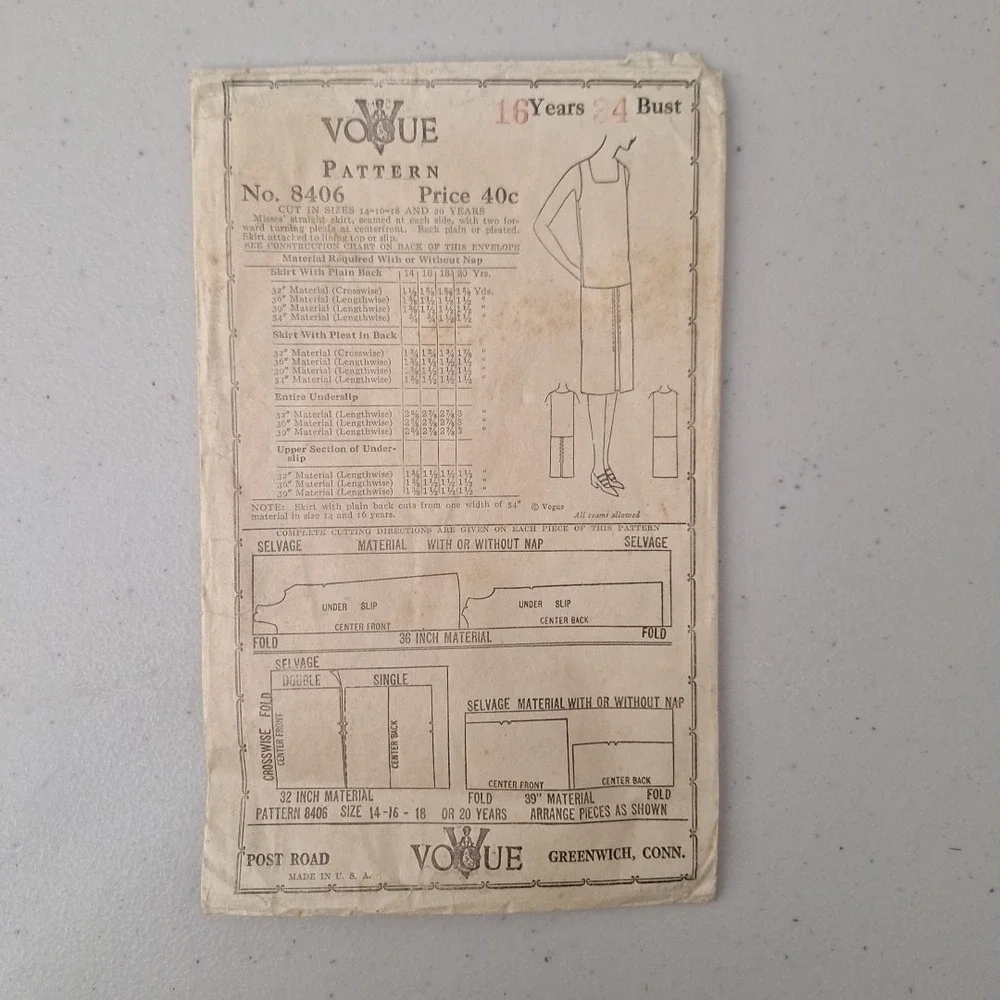 RARE Antique 1920's VOGUE Pattern Cover #8406 Skirt Slip Shirt 16 Years 34 Bust